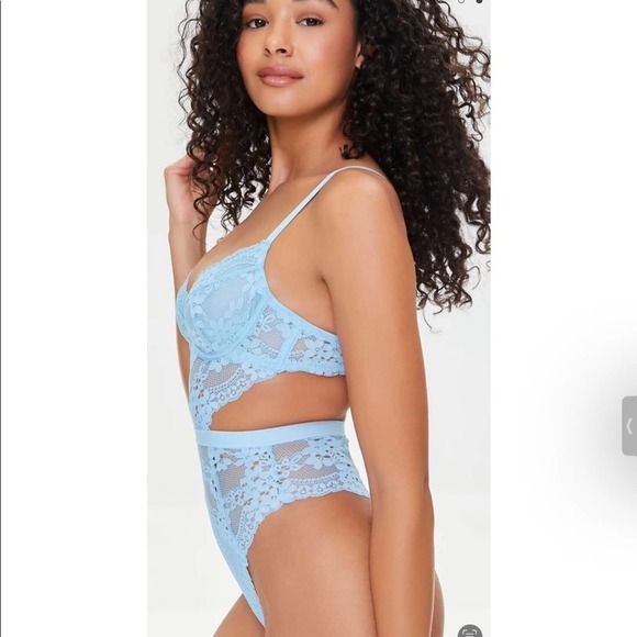 NEW Forever 21 Sky Blue Sheer Lace Lingerie Bodysuit Thong - Picture 2 of 9